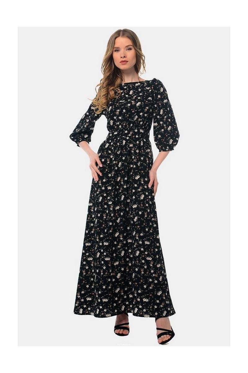 Buy Long viscose fitted black print casual dress, sleeve 3/4 zipper on the back design dress